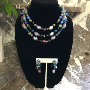 Hand painted Glass Bead 3 Strand Necklace Set